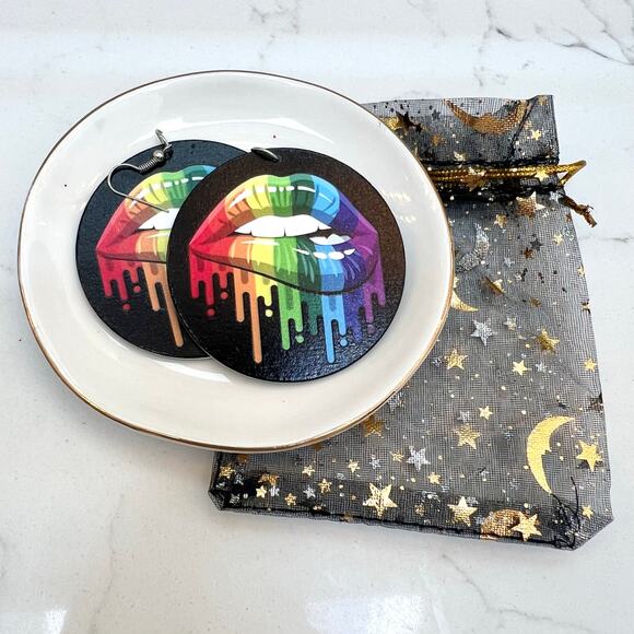 Punk rock earrings - biting lip dripping rainbow paint - Picture 1 of 4